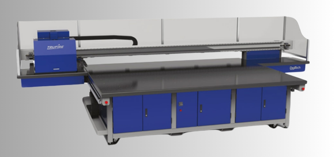Digitech Trufire printer in a production setting, showcasing advanced digital printing technology for high-quality graphics.