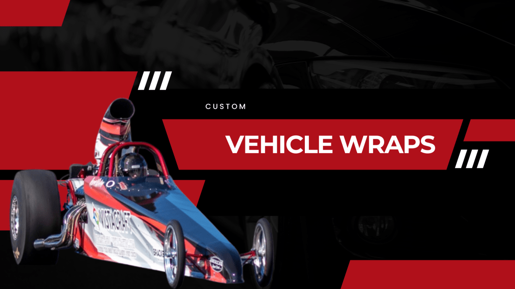 A vibrant wrapped dragster featuring bold graphics and branding for VistaCraft, showcased at a racing event.