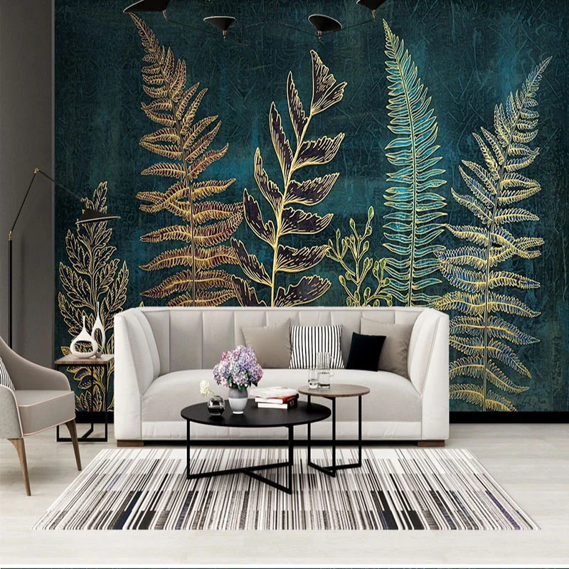 A stylish room featuring custom printed wallpaper with vibrant patterns and textures.