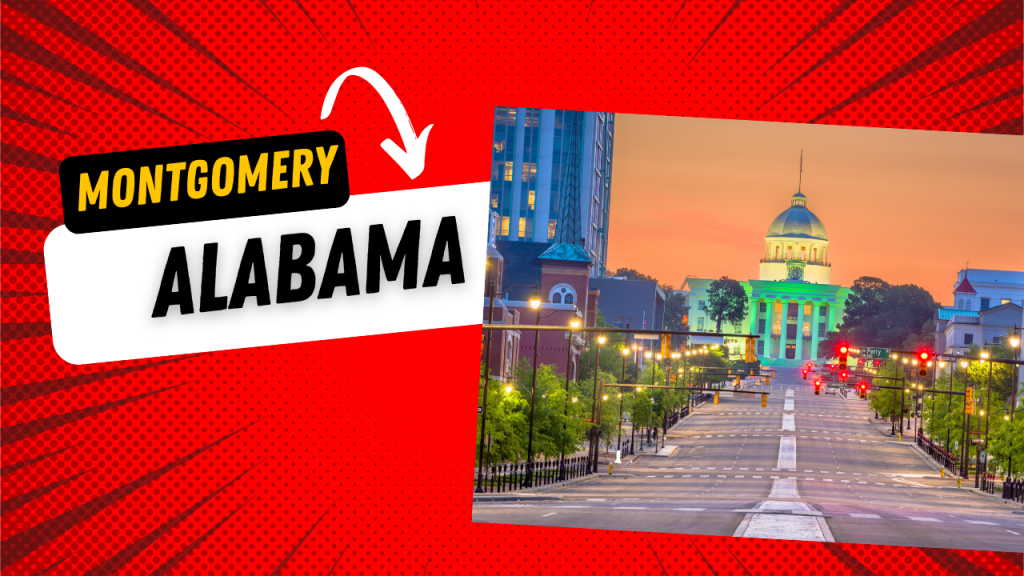 Historic downtown Montgomery, Alabama with significant landmarks and vibrant streets.