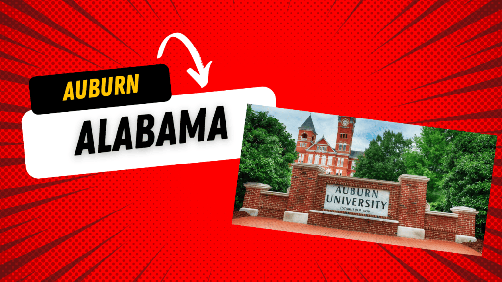 Downtown Auburn, AL with bustling streets, historic buildings, and trees lining the sidewalks.